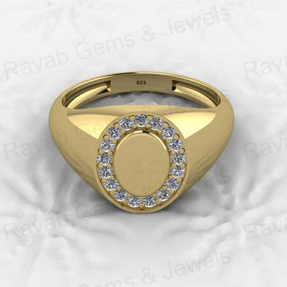 Genuine 18k Gold Plated 925 Sterling Solid Silver 8x12mm Oval Shape Pave CZ Diamond Signet Ring for Men Personalized Jewelry