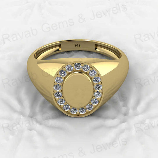Genuine 18k Gold Plated 925 Sterling Solid Silver 8x12mm Oval Shape Pave CZ Diamond Signet Ring for Men Personalized Jewelry