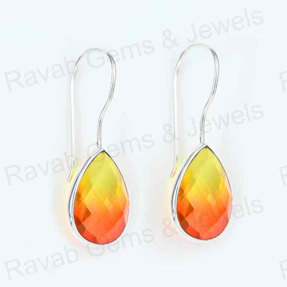 Best Quality Solid 925 Sterling Silver Watermelon Tourmaline Quartz Pear Checker Cut Dangle Drop Earring for Women Fine Jewelry