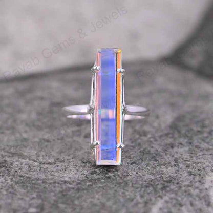 Premium Quality Beautiful Rainbow Mystic Quartz Gemstone Prong Setting Sterling Silver Rectangle Baguette Handmade Jewelry