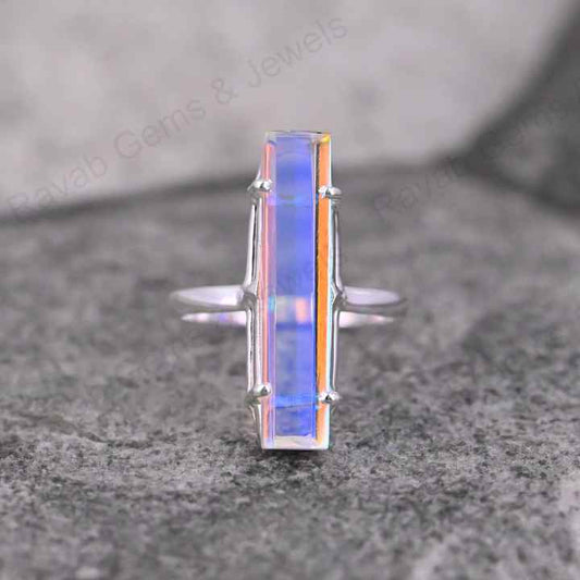 Premium Quality Beautiful Rainbow Mystic Quartz Gemstone Prong Setting Sterling Silver Rectangle Baguette Handmade Jewelry
