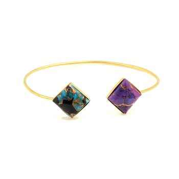 Natural Gemstone Blue Black Purple Copper Turquoise Sterling Silver Gold Plated Cuff Bangle for Men and Women