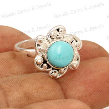 Handmade 10mm Solid 925 Sterling Silver Fine Turquoise Flower Ring Trendy Natural Blue Sleeping Design Unisex High Rhodium