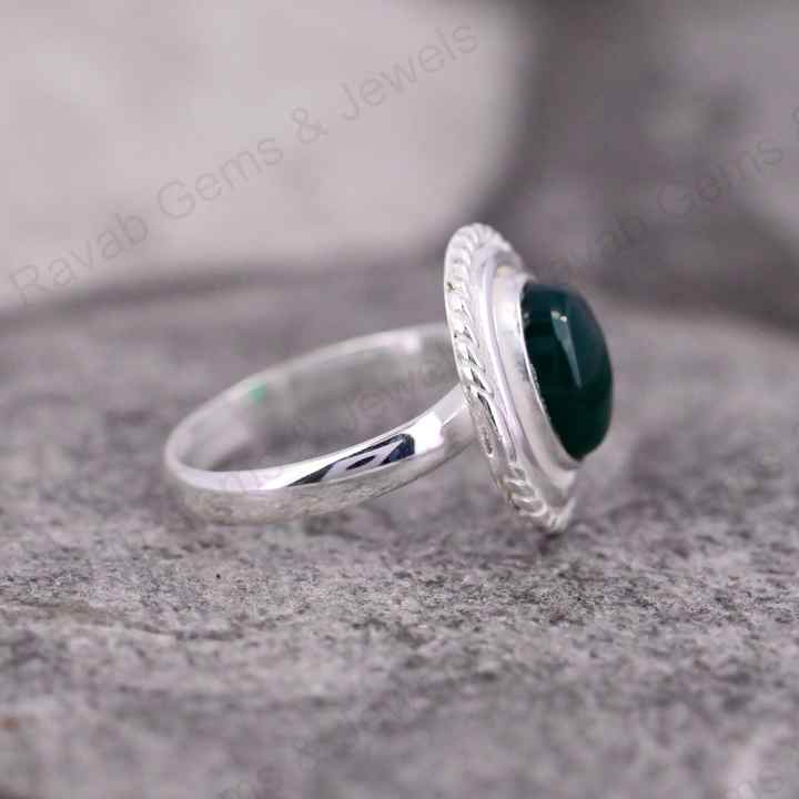 Natural Green Onyx Gemstone 8x10mm Solid 925 Sterling Silver Two Tone Bezel Setting Ring For Women Fine Handmade Jewelry