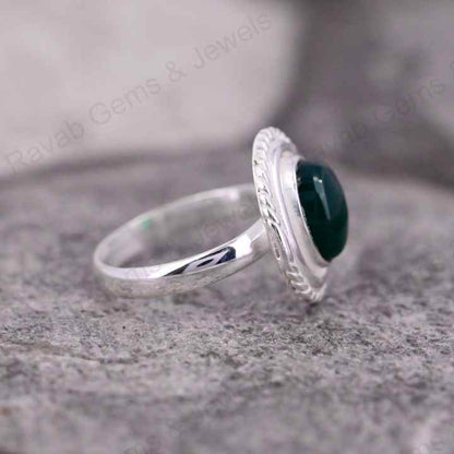 Natural Green Onyx Gemstone 8x10mm Solid 925 Sterling Silver Two Tone Bezel Setting Ring For Women Fine Handmade Jewelry