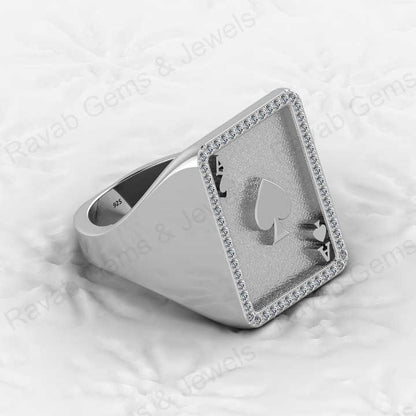 Top Selling Men's 925 Silver Accented Playing Card Gambler Ace Black Spade Signet Embossed Ring Zircon Diamond Motorhead Jewelry