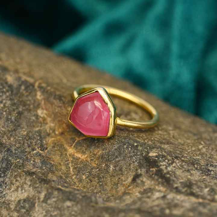 Latest Design 12x14mm Natural Pink Strawberry Quartz Gemstone Bezel Handmade 18K Gold Plated Silver Dainty Fancy Ring for Her