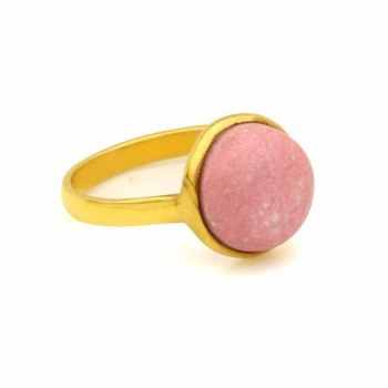 Solid 925 Sterling Silver 18K Gold Plated Handmade Natural Pink Thulite 12mm Round Bezel Setting Ring Unisex Jewelry for Women