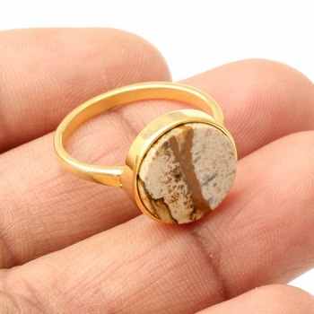 Best Selling Women's 12mm Flat Picture Jasper Gemstone Eternity Band Ring Handmade Genuine Silver Fine Jewelry with Gold Vermeil
