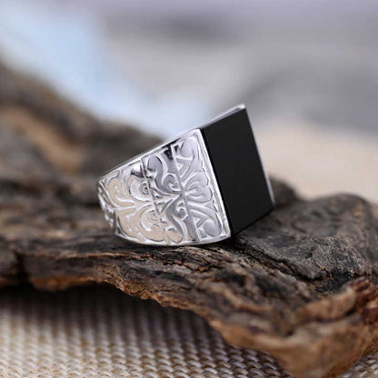 Best Selling 925 Silver 11x16mm Black Onyx Designer Embroidered Turkish Stylish Ottoman Signet Ring for Men Customized Jewelry