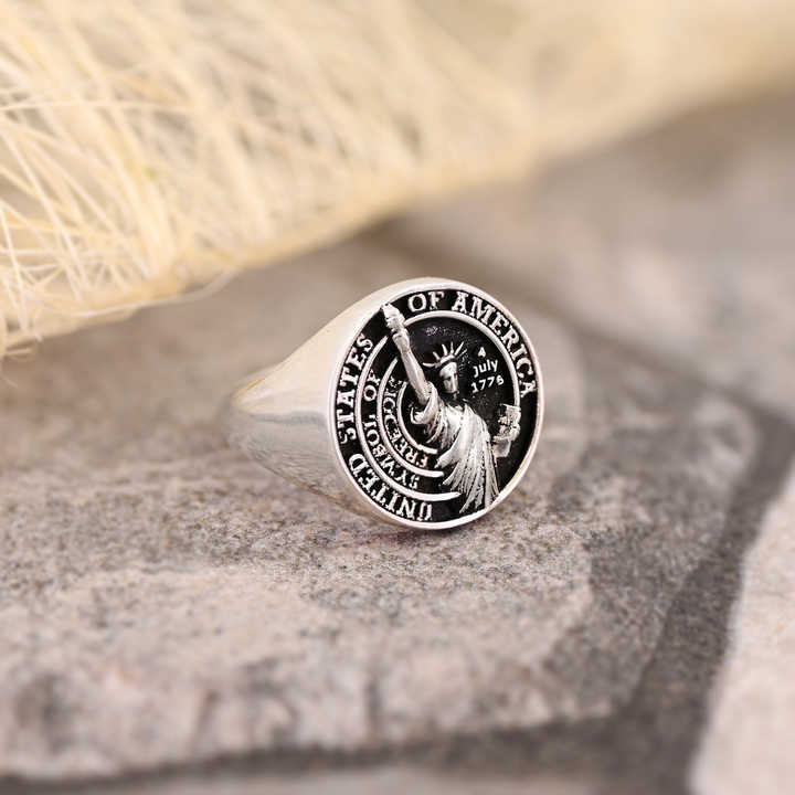 High Quality Genuine 925 Sterling Silver USA Statue of Liberty Personalized Men's Signet Ring Symbol of Freedom Fine Jewelry