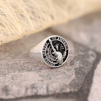 High Quality Genuine 925 Sterling Silver USA Statue of Liberty Personalized Men's Signet Ring Symbol of Freedom Fine Jewelry