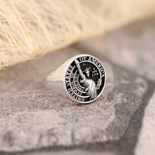 High Quality Genuine 925 Sterling Silver USA Statue of Liberty Personalized Men's Signet Ring Symbol of Freedom Fine Jewelry