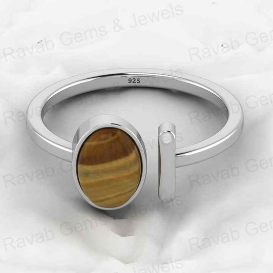 Top Selling Solid 925 Sterling Silver 8x10mm Genuine Tiger Eye Gemstone Oval Cabochon Gemstone Adjustable Ring for Women Jewelry