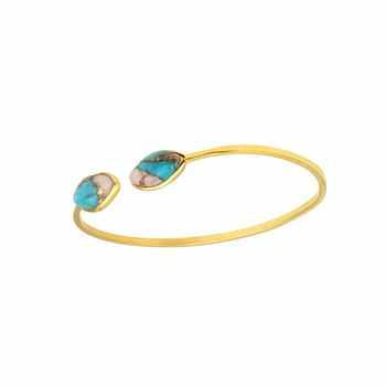 Best Quality Solid 925 Sterling Silver 18k Gold Plated Pink Copper Turquoise Marquise Adjustable Cuff Bangle Fine Jewelry