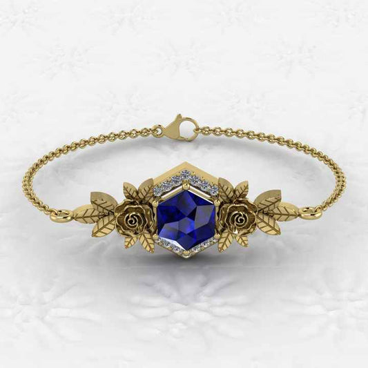 8mm Sapphire Quartz Hexagon Prong Setting Floral Minimalist Bracelet for Women Beautiful Real 925 Fine Chain Link Bracelets