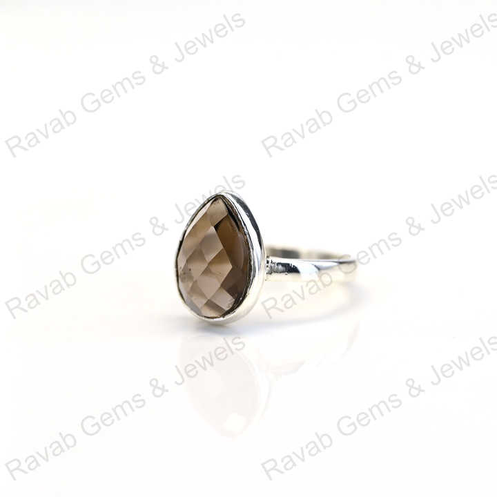 Best Quality Solid 925 Sterling Silver Smoky Quartz Pear Shape Checker Cut Ring for Women Fine Handmade Daily Wear Jewelry