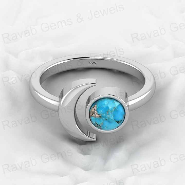 Best Selling 18K Gold Plated Genuine 925 Silver Blue Copper Turquoise Round Gemstone Adjustable Moon Ring for Women Fine Jewelry