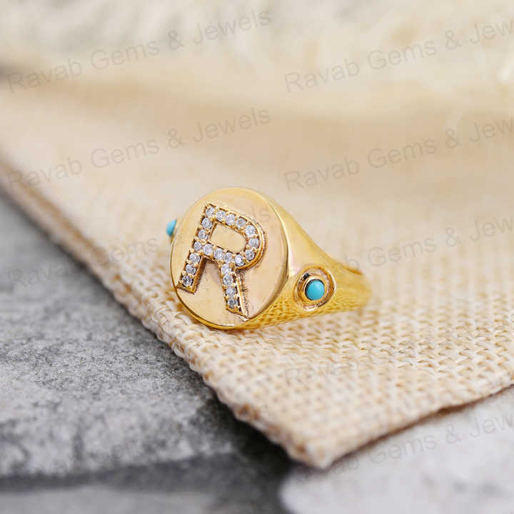 Best Selling 925 Silver CZ Diamond With Turquoise Initial Letter Personalized Solomon Signet Oval Men's Pinky Ring Fine Jewelry