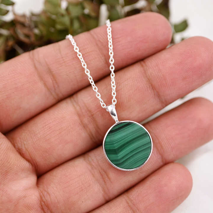 Top Selling 14mm Natural Malachite Gemstone Round Circle Handmade 925 Silver Boho Women Pendant Necklace Navajo Fine Jewelry