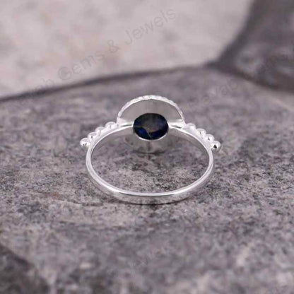 Natural Lapis Lazuli 10mm Round Cabochon Gemstone Solid 925 Sterling Silver Beaded Bezel Setting Ring Handmade Fine Jewelry