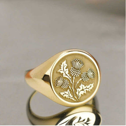 Best Selling 925 Silver Gold Vermeil 14mm Scottish Thistle Flower Engraved Monogram Signet Ring Customized Fine Jewelry for Men