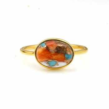 Handmade 925 Silver Gold Vermeil 10x14mm Mohave Spiny Oyster Copper Turquoise Oval Cabochon Ring Navajo Fine Jewelry for Women
