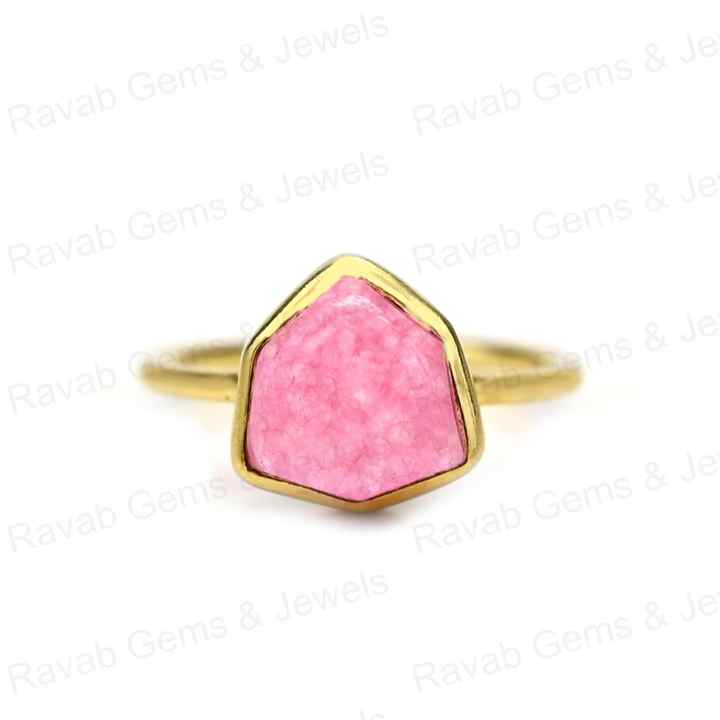 Latest Design 12x14mm Natural Pink Strawberry Quartz Gemstone Bezel Handmade 18K Gold Plated Silver Dainty Fancy Ring for Her