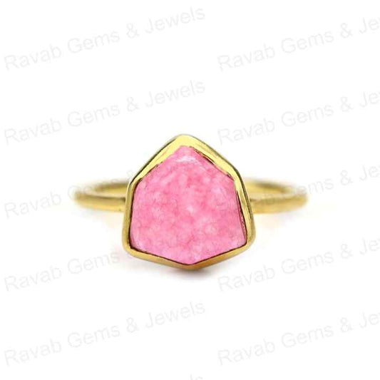 Latest Design 12x14mm Natural Pink Strawberry Quartz Gemstone Bezel Handmade 18K Gold Plated Silver Dainty Fancy Ring for Her