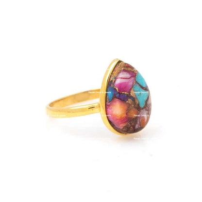 Hot Selling New Design 12x16mm Natural Mix Oyster Copper Turquoise Stone 18k Gold Plated Dainty Boho Pear Shape Ring for Women