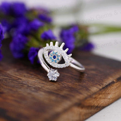 Best Selling Handmade 925 Sterling Silver Pave Zircon Lucky Eye Turkish Adjustable Prong Women Ring Minimalist Fine Jewelry