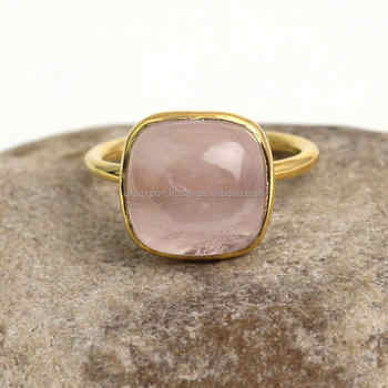 High Quality 18K Gold Plated Sterling Silver Simple Cushion Ring Women 12mm Natural Pink Rose Quartz Stone Elegant 18K Gold Ring