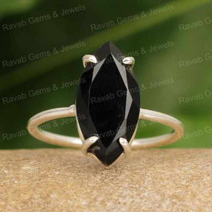 New Arrival Genuine Black Onyx Gemstone Solid 925 Sterling Silver 8x16mm Marquise Shape Bezel Setting Women Handmade Gifted Ring