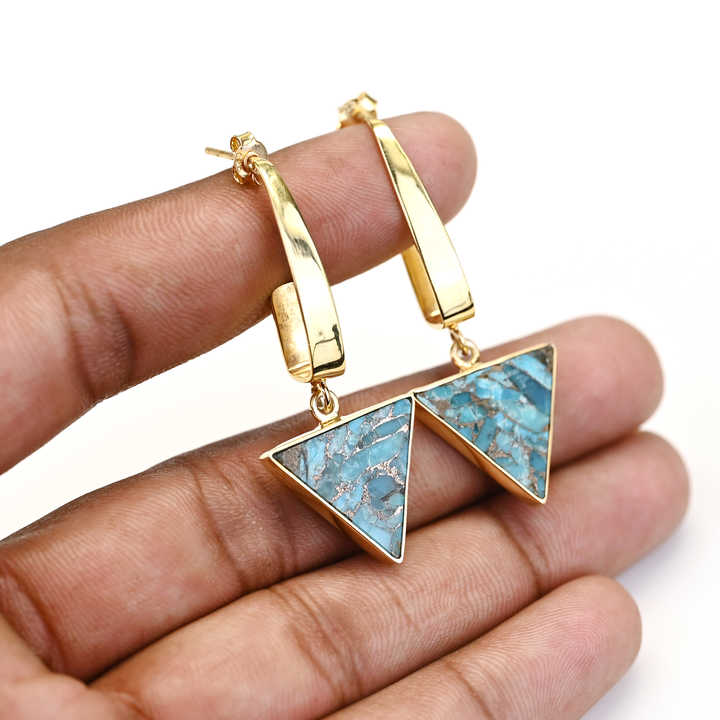 New Arrival Solid 925 Sterling Silver Natural Blue Copper Turquoise Smooth 18k Gold Plated Dangle Drop Fine Earring for Women