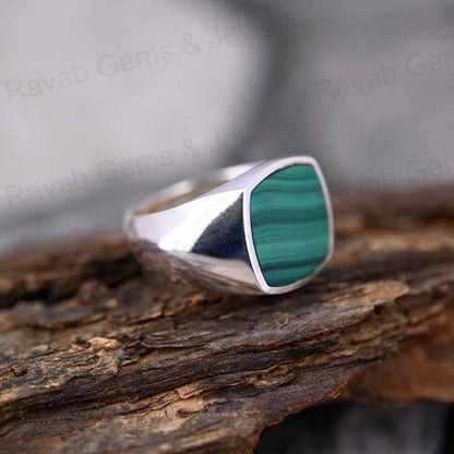 Handmade 925 Silver 14mm Flat Cushion Stone Natural Malachite Turkish Signet Ottoman Bezel Statement Ring Fine Jewelry For Men's