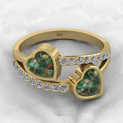 Best Selling Genuine 925 Silver Mohave Peridot Copper Gemstone With CZ Bezel Double Band Couple Heart Ring for Valentine Jewelry