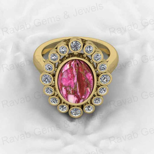 Top Selling 925 Silver 9x12mm Pink Kingman Dahlia Spiny Oyster Oval Shape Gemstone With CZ Solitaire Cocktail Ring for Women