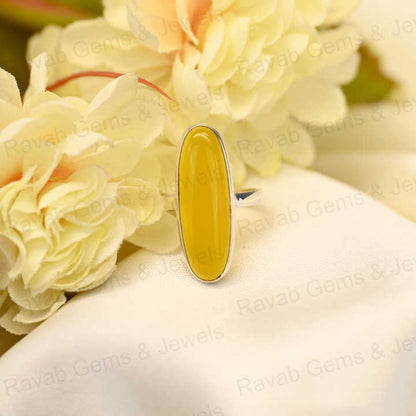 Superb Selling Solid 925 Sterling Silver Yellow Chalcedony Quartz 10x30mm Oval Bezel Setting Ring for Women Handmade Jewelry