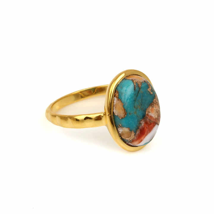 New Arrival Solid 925 Sterling Silver 18k Gold Plated Natural Spiny Oyster Copper Turquoise Oval Bezel Setting Ring for Women