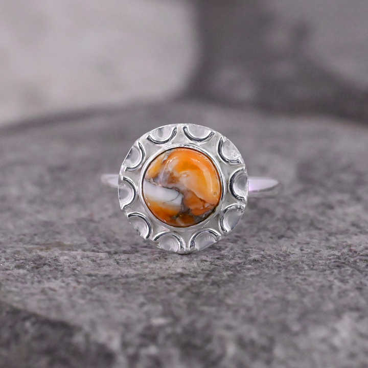 Superb Quality Solid 925 Sterling Silver Natural Orange Spiny Oyster Turquoise 10mm Round Shape Ring For Women Fine Jewelry