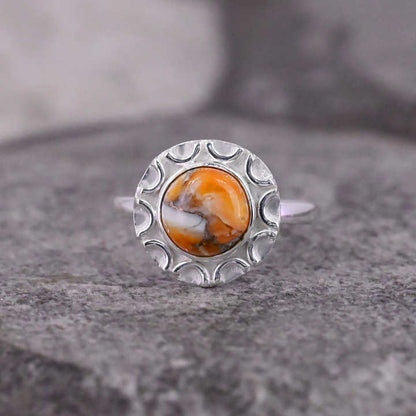 Superb Quality Solid 925 Sterling Silver Natural Orange Spiny Oyster Turquoise 10mm Round Shape Ring For Women Fine Jewelry