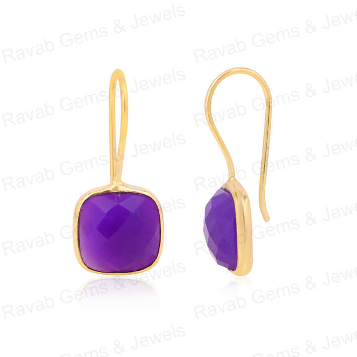 Beautiful Handmade 12mm Cushion Checker Cut Purple Chalcedony Stone 925 Silver 18k Gold Dangle Drop Women Earring Fine Jewelry