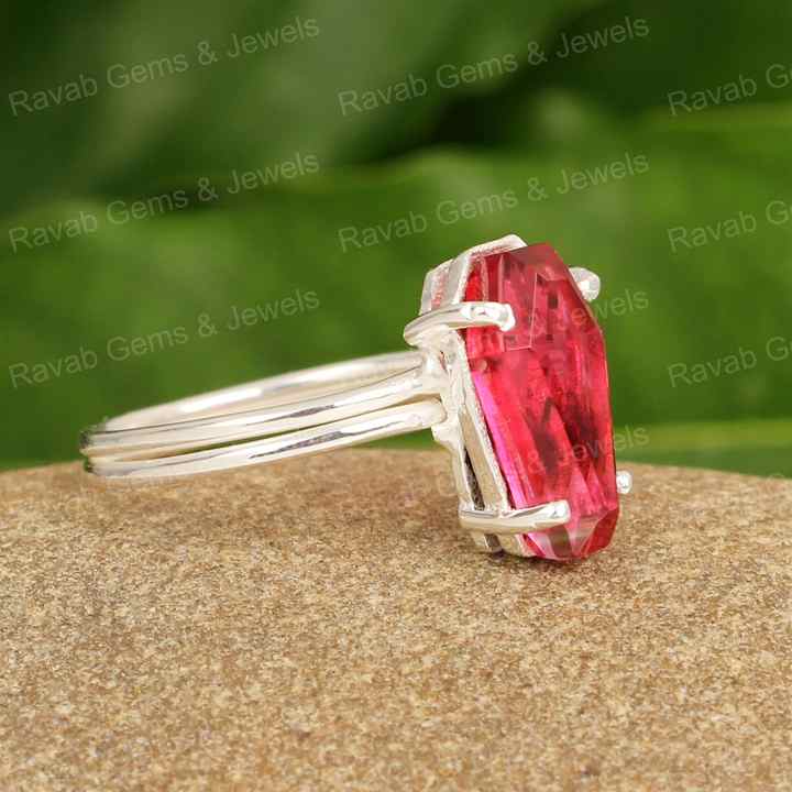 Best Selling 10x17mm Pink Tourmaline Hydro Coffin Shape Gemstone Handmade 925 Sterling Silver Prong Engagement Ring For Women
