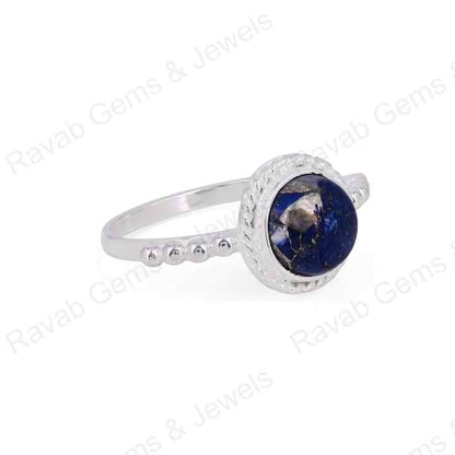 Natural Lapis Lazuli 10mm Round Cabochon Gemstone Solid 925 Sterling Silver Beaded Bezel Setting Ring Handmade Fine Jewelry