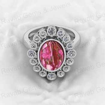 Top Selling 925 Silver 9x12mm Pink Kingman Dahlia Spiny Oyster Oval Shape Gemstone CZ Solitaire Cocktail Ring Unisex