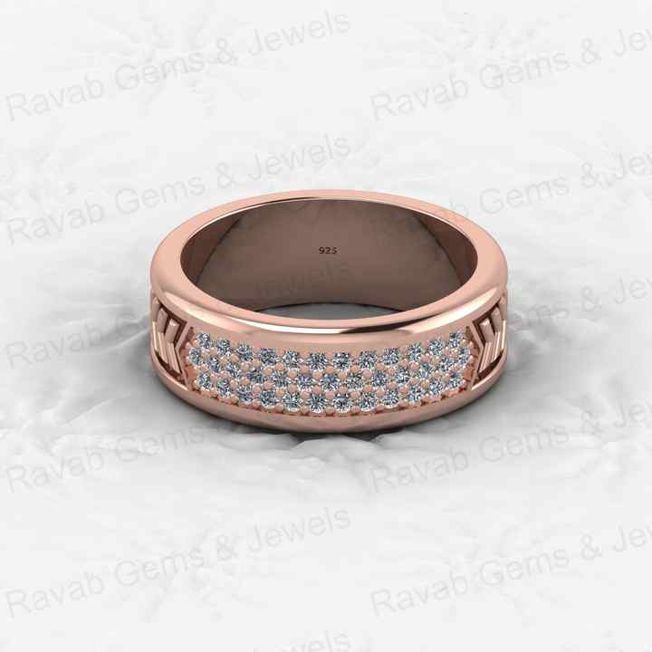 Top Quality 925 Silver Vermeil Cuban Curb Arrow Bar Round Cut CZ Eternity 7mm Wide Band Men's Ring for Personalized Fine Jewelry