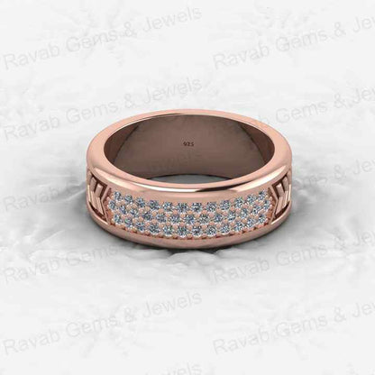 Top Quality 925 Silver Vermeil Cuban Curb Arrow Bar Round Cut CZ Eternity 7mm Wide Band Men's Ring for Personalized Fine Jewelry