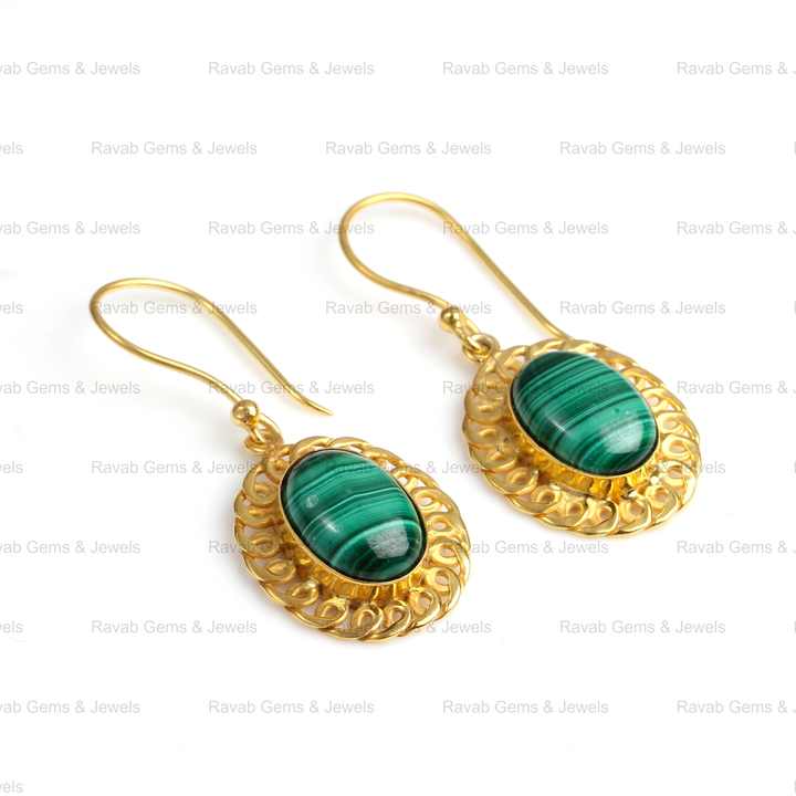 18K Gold Plated Beautiful 10x12mm Natural Green Malachite Bezel Setting Fine Dangle Oval Drop Earrings for Women Made Sterling