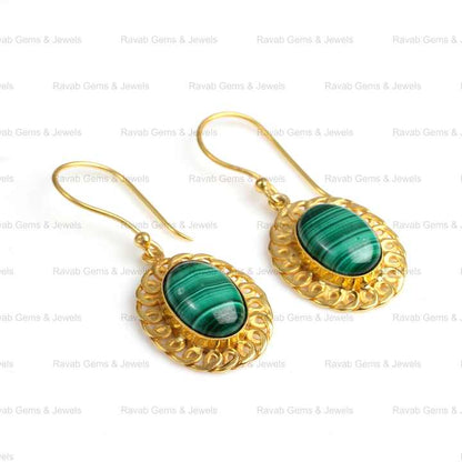18K Gold Plated Beautiful 10x12mm Natural Green Malachite Bezel Setting Fine Dangle Oval Drop Earrings for Women Made Sterling