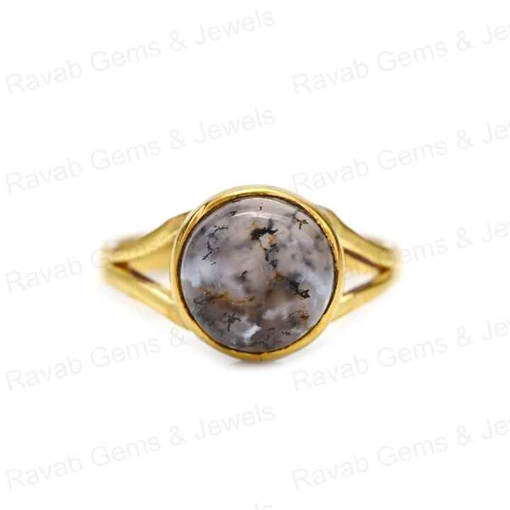 Beautiful 12mm Natural Dendrite Opal Gemstone 925 Silver Vermeil Split Eternity Round Bezel Statement Ring Women Fine Jewelry